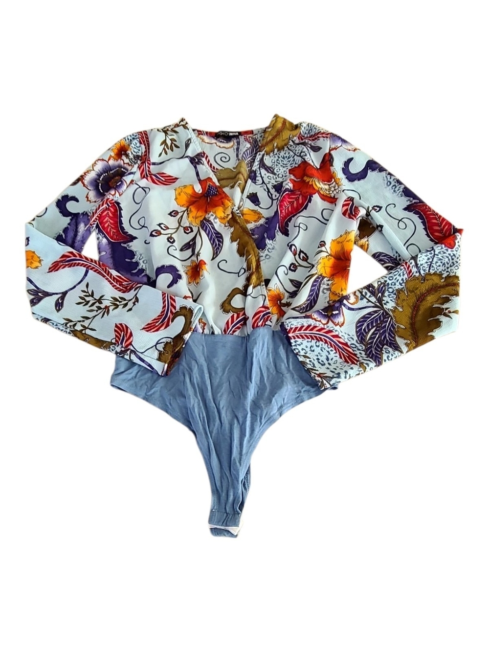 Fashion Nova Floral Long Sleeve Bodysuit - White, Blue, Yellow, Purple, Red